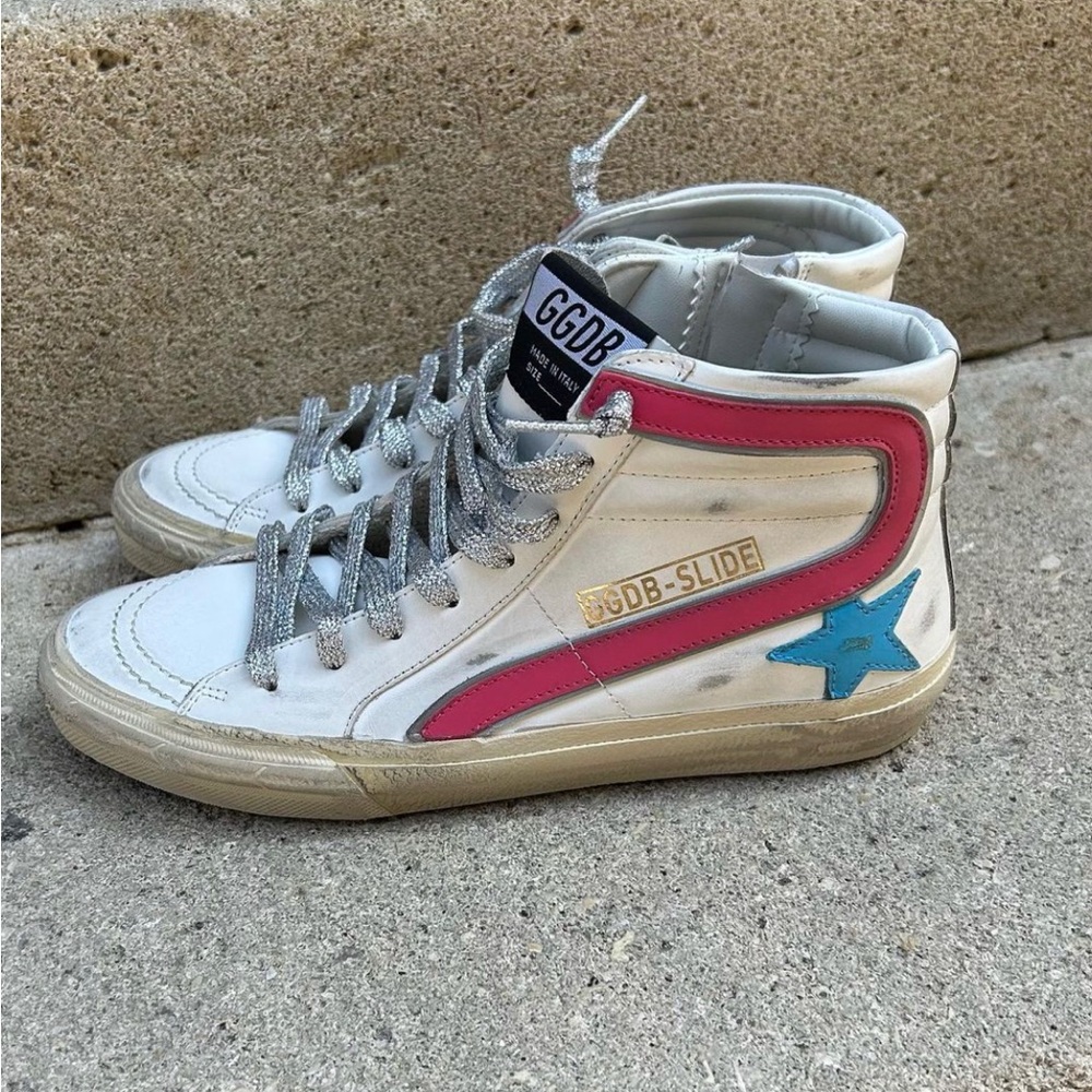 Golden Goose Slide Sneaker in White Leather/Pink/Blue sz 36 New in Box